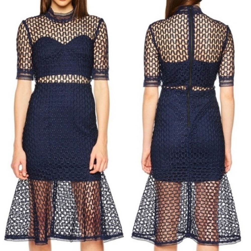 Bardot Fiona Mesh Lace Trumpet. Size 6/S Navy Blue